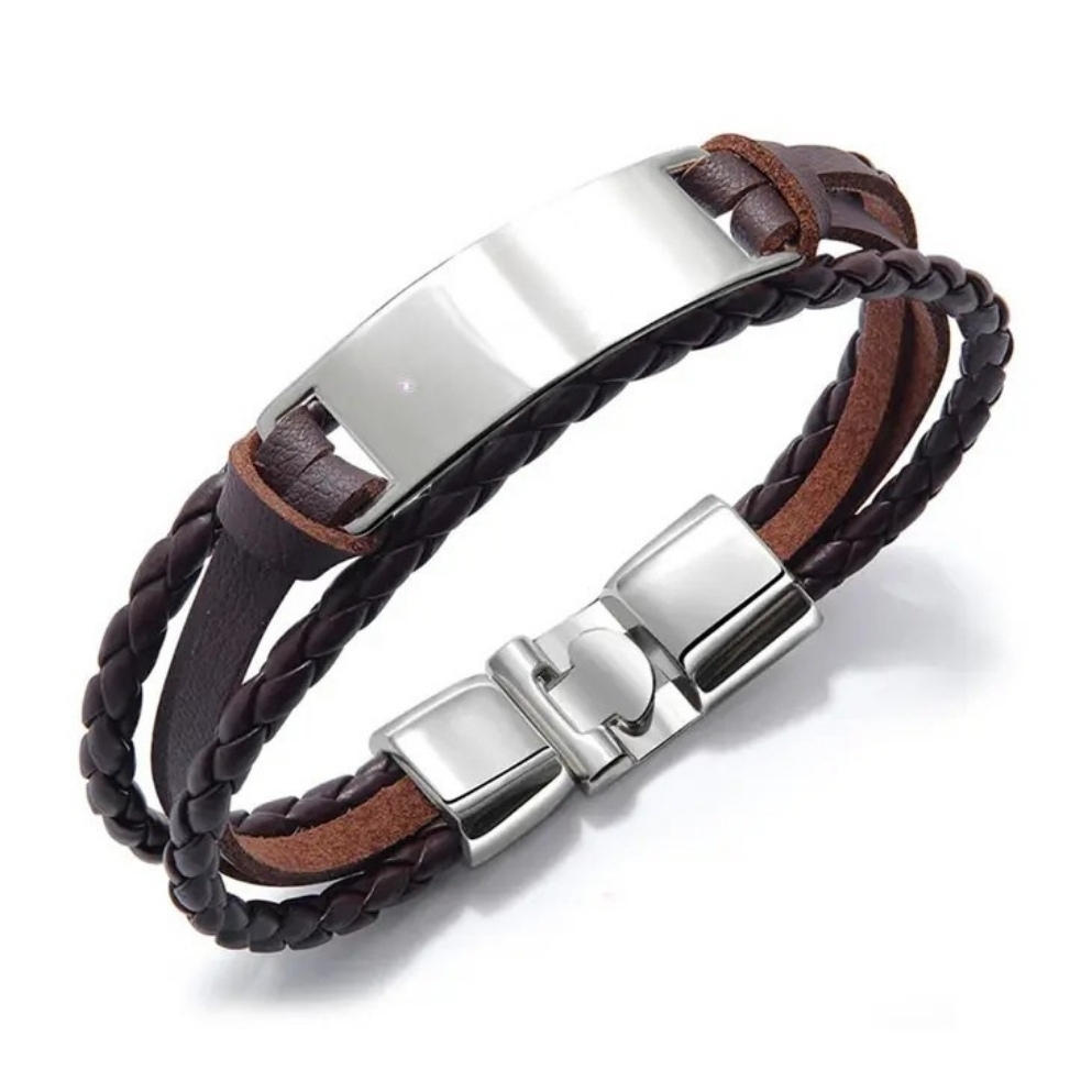Men's Engraved Leather Bracelet, Braided Black, Brown or White, Hebrew or English Steel Nameplate Men's Engraved Leather Bracelet, Braided Black, Brown or White, Hebrew or English Steel Nameplate