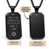 Front and back engraving options for the black dog tag necklace: Hebrew Psalm 23 on the front and a smooth back ready for custom engraving