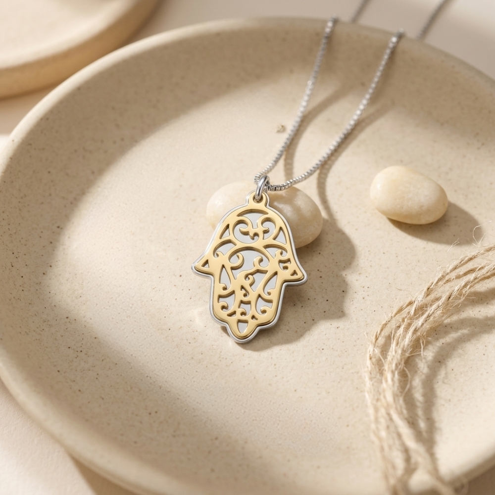 Two-Tone Hamsa Pendant Necklace — Sterling Silver & Gold Plated Judaica Two-Tone Hamsa Pendant Necklace — Sterling Silver & Gold Plated Judaica
