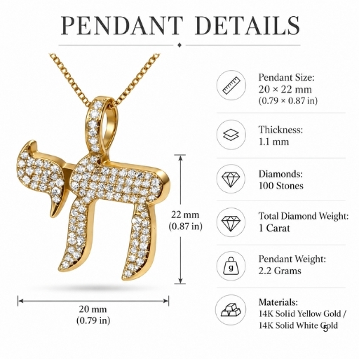 14K Gold Diamond Chai Necklace, 1 Carat Pavé Hebrew Pendant, Bar Mitzvah Gift 14K Gold Diamond Chai Necklace, 1 Carat Pavé Hebrew Pendant, Bar Mitzvah Gift