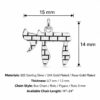 Dainty Hebrew Chai necklace size guide: pendant 15 mm wide x 14 mm high, Western Wall brick texture, thickness 0.7 or 1.2 mm, chain lengths 14 to 24 inch