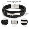 Black leather bracelet size chart: 21 cm / 8.2 inch length, 8 mm stainless steel engraving plate, genuine leather straps and steel clasp