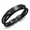 Black braided leather bracelet with a black stainless steel nameplate and black clasp, personalized men's bracelet