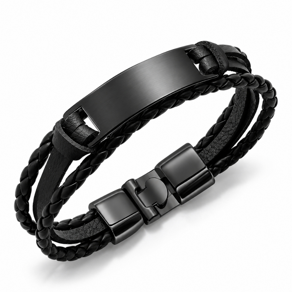 Men's Engraved Leather Bracelet, Braided Black, Brown or White, Hebrew or English Steel Nameplate Men's Engraved Leather Bracelet, Braided Black, Brown or White, Hebrew or English Steel Nameplate