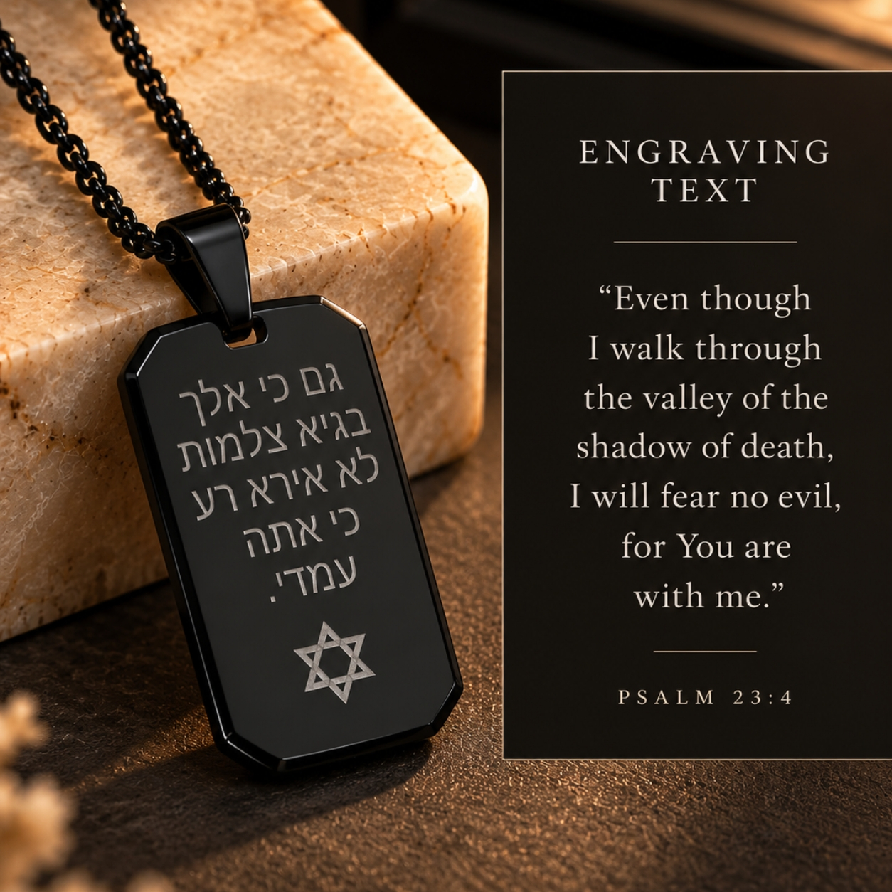 Black Dog Tag Necklace for Men, Stainless Steel, Hebrew Psalm 23, Two-Side Engraving Black Dog Tag Necklace for Men, Stainless Steel, Hebrew Psalm 23, Two-Side Engraving