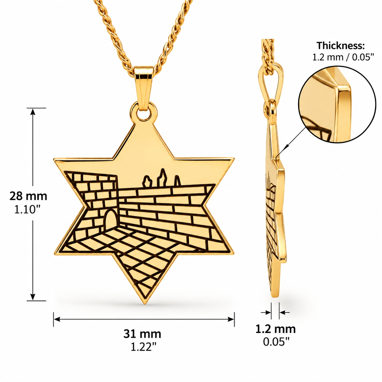 Star of David Western Wall Necklace, Kotel Pendant with Custom Back Engraving Star of David Western Wall Necklace, Kotel Pendant with Custom Back Engraving