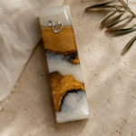 Handmade Olive Wood Mezuzah Case — White Epoxy Resin, Jewish Home Decor