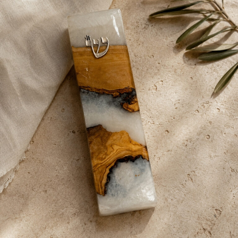 Handmade Olive Wood Mezuzah Case — White Epoxy Resin, Jewish Home Decor