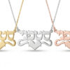 Sterling silver, 24K gold plated and rose gold plated Hebrew name necklace with heart necklaces side by side