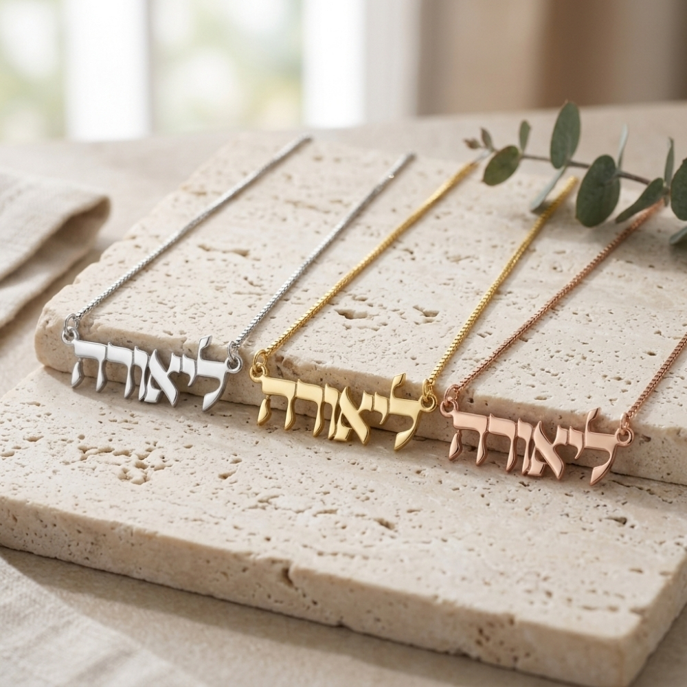 Tiny Hebrew Name Necklace - 925 Sterling Silver, Gold or Rose Gold Plated Tiny Hebrew Name Necklace - 925 Sterling Silver, Gold or Rose Gold Plated