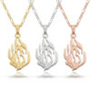 Three Hebrew flame pendants reading האש שלי (My Fire) in 24K gold plated, sterling silver and rose gold plated