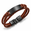 Brown braided leather bracelet with a black stainless steel nameplate and black clasp for custom engraving