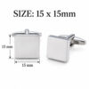 Engraved cufflinks size guide showing the 15 x 15 mm square face