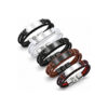 Engraved leather bracelet color options: black, white and brown braided leather with silver or black stainless steel nameplates