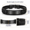 Engraved leather bracelet dimensions: 21 cm (8.3 inches) long, 18 mm (0.7 inch) wide, with an 11 mm (0.4 inch) high stainless steel nameplate