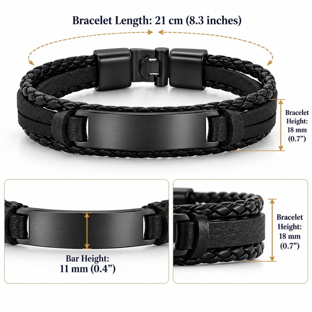 Men's Engraved Leather Bracelet, Braided Black, Brown or White, Hebrew or English Steel Nameplate Men's Engraved Leather Bracelet, Braided Black, Brown or White, Hebrew or English Steel Nameplate