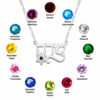 Twelve birthstone colors shown around a sterling silver Hebrew name necklace with Star of David