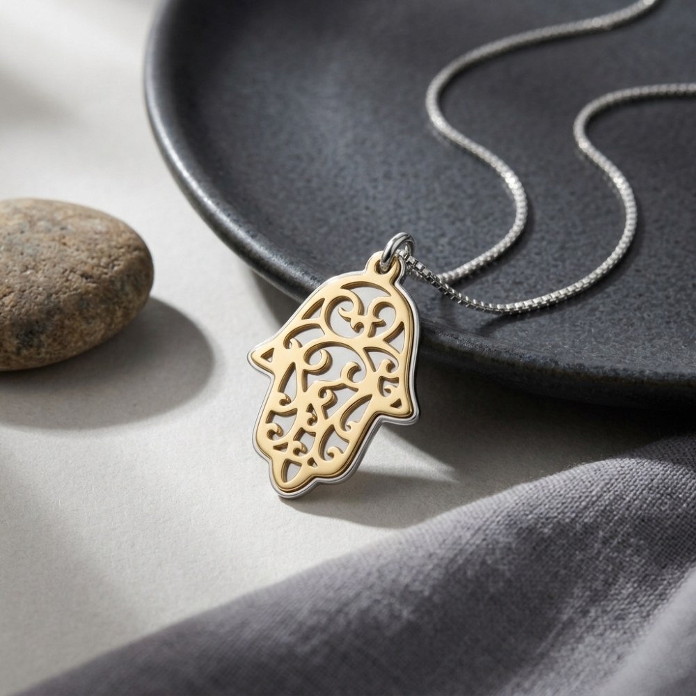 Two-Tone Hamsa Pendant Necklace — Sterling Silver & Gold Plated Judaica Two-Tone Hamsa Pendant Necklace — Sterling Silver & Gold Plated Judaica