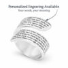 Sterling silver Eshet Chayil wrap ring with a note that personalized engraving is available
