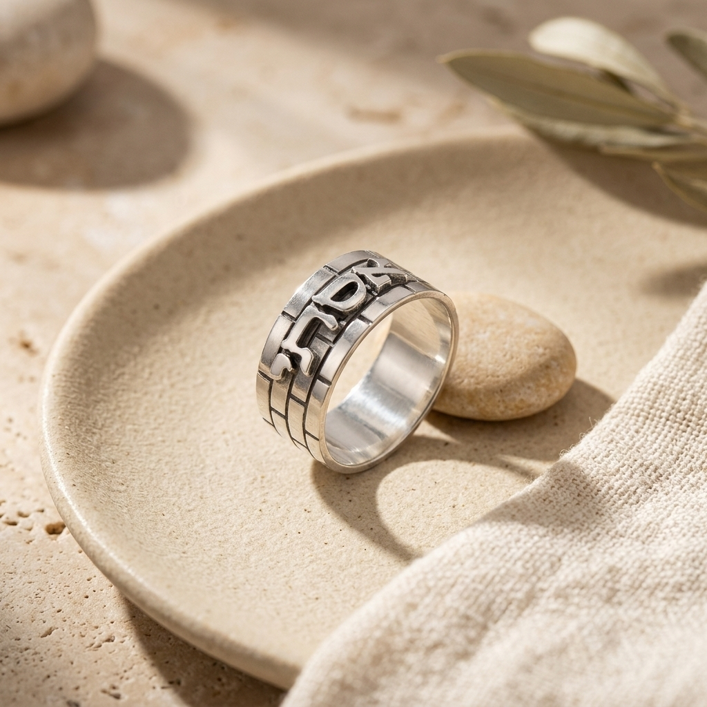 Personalized Hebrew Name Ring, Sterling Silver Jerusalem Wall Band Personalized Hebrew Name Ring, Sterling Silver Jerusalem Wall Band