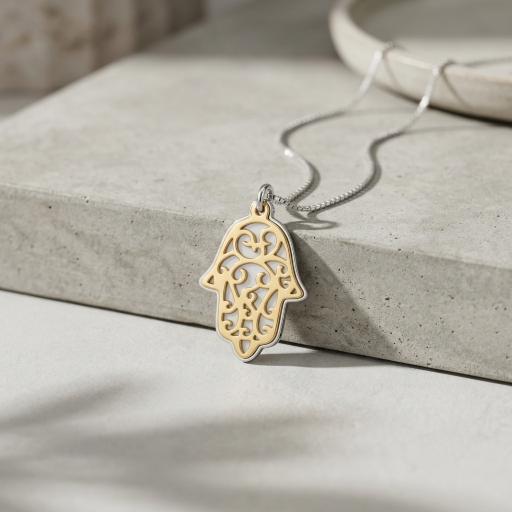 Two-Tone Hamsa Pendant Necklace — Sterling Silver & Gold Plated Judaica Two-Tone Hamsa Pendant Necklace — Sterling Silver & Gold Plated Judaica