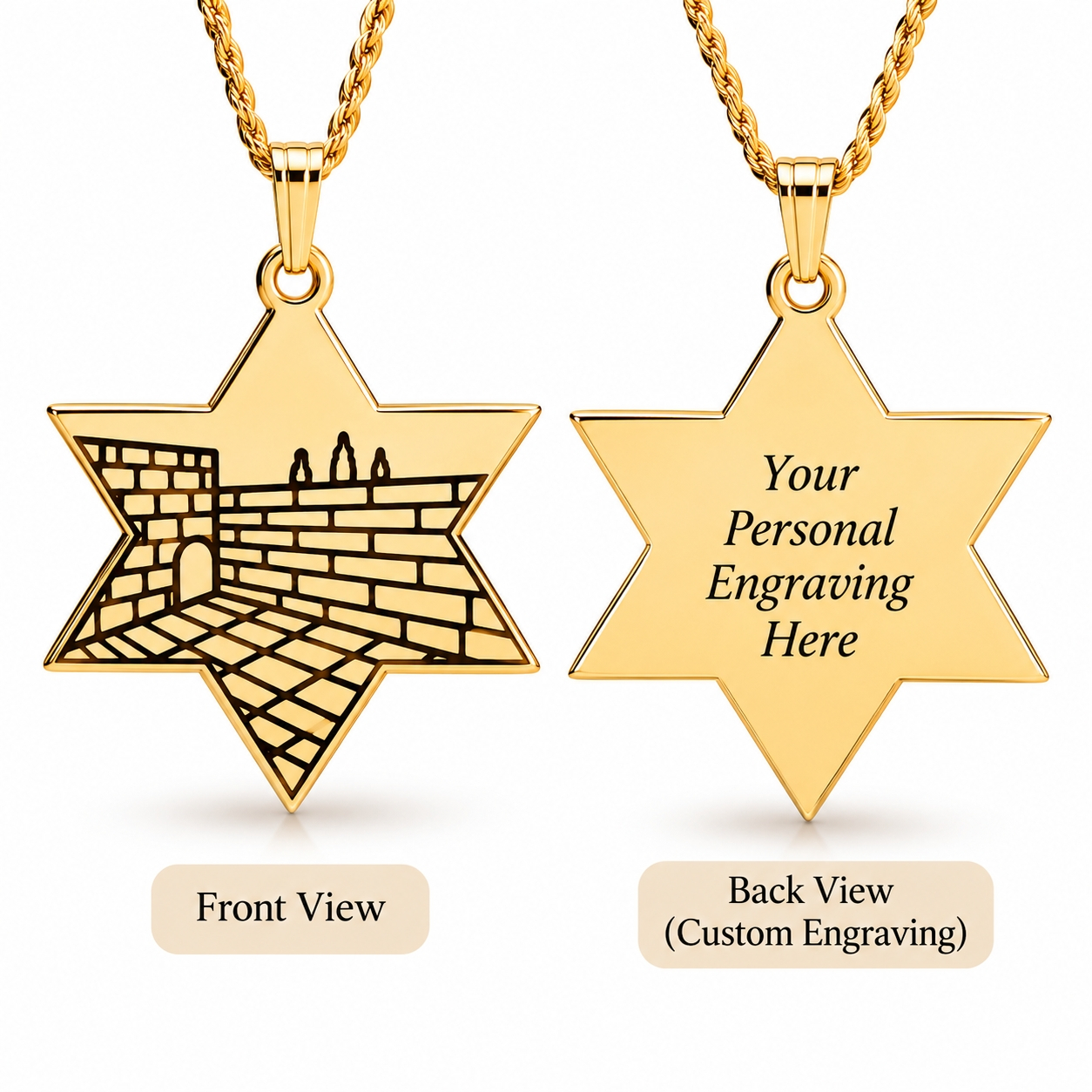 Star of David Western Wall Necklace, Kotel Pendant with Custom Back Engraving Star of David Western Wall Necklace, Kotel Pendant with Custom Back Engraving