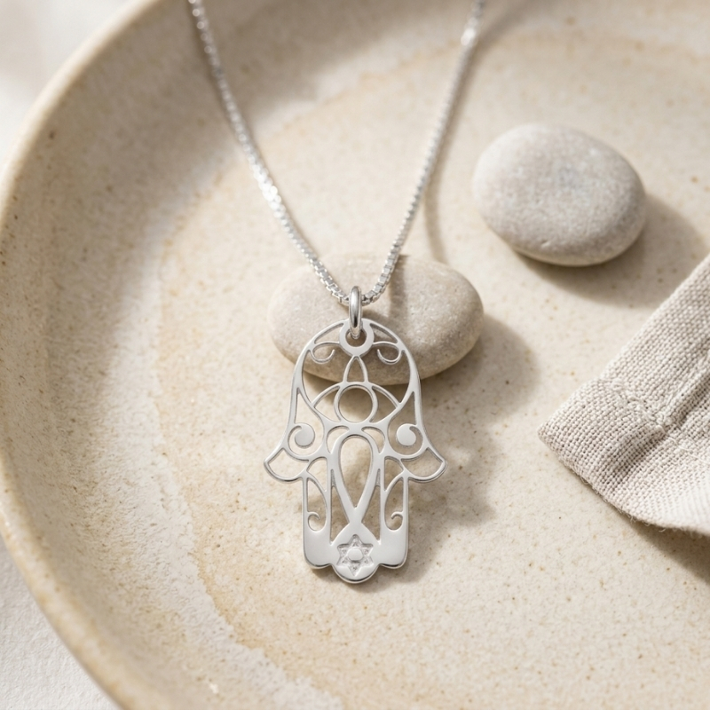 Hamsa Star of David Necklace — Sterling Silver Jewish Amulet Hamsa Star of David Necklace — Sterling Silver Jewish Amulet