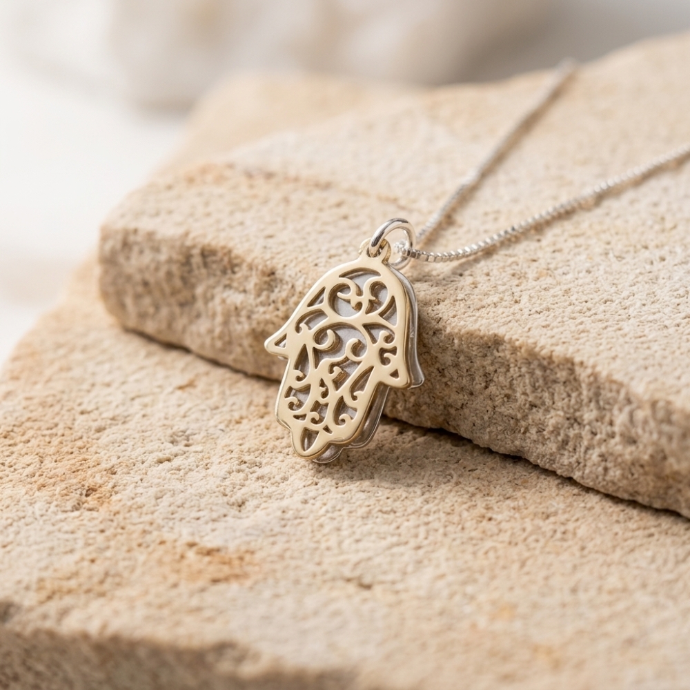Two-Tone Hamsa Pendant Necklace — Sterling Silver & Gold Plated Judaica Two-Tone Hamsa Pendant Necklace — Sterling Silver & Gold Plated Judaica