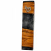 Style 6 handmade olive wood mezuzah case with gray epoxy middle band and silver Shin, front view on white background