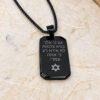 Black dog tag necklace with Hebrew Psalm 23:4 engraving on a stone surface, black stainless steel curb chain around it