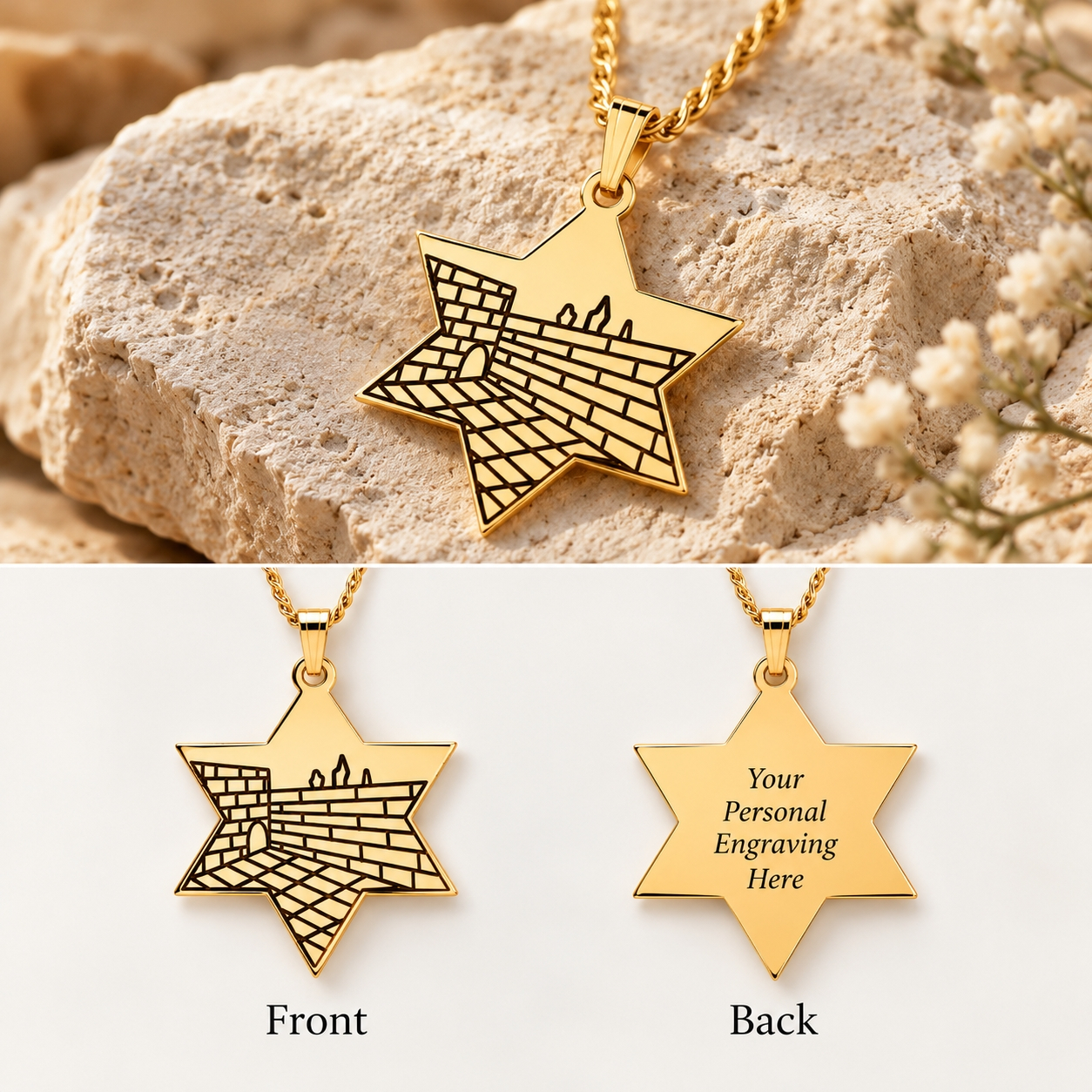 Star of David Western Wall Necklace, Kotel Pendant with Custom Back Engraving Star of David Western Wall Necklace, Kotel Pendant with Custom Back Engraving