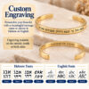 Gold plated hidden message cuff bracelets with custom engraving examples and the 4 Hebrew and 4 English font options