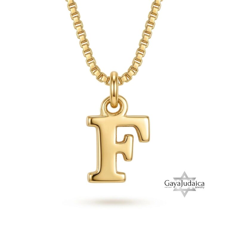 14K Gold Dainty Initial Necklace Tiny Letter Charm — detail view, handmade in Israel