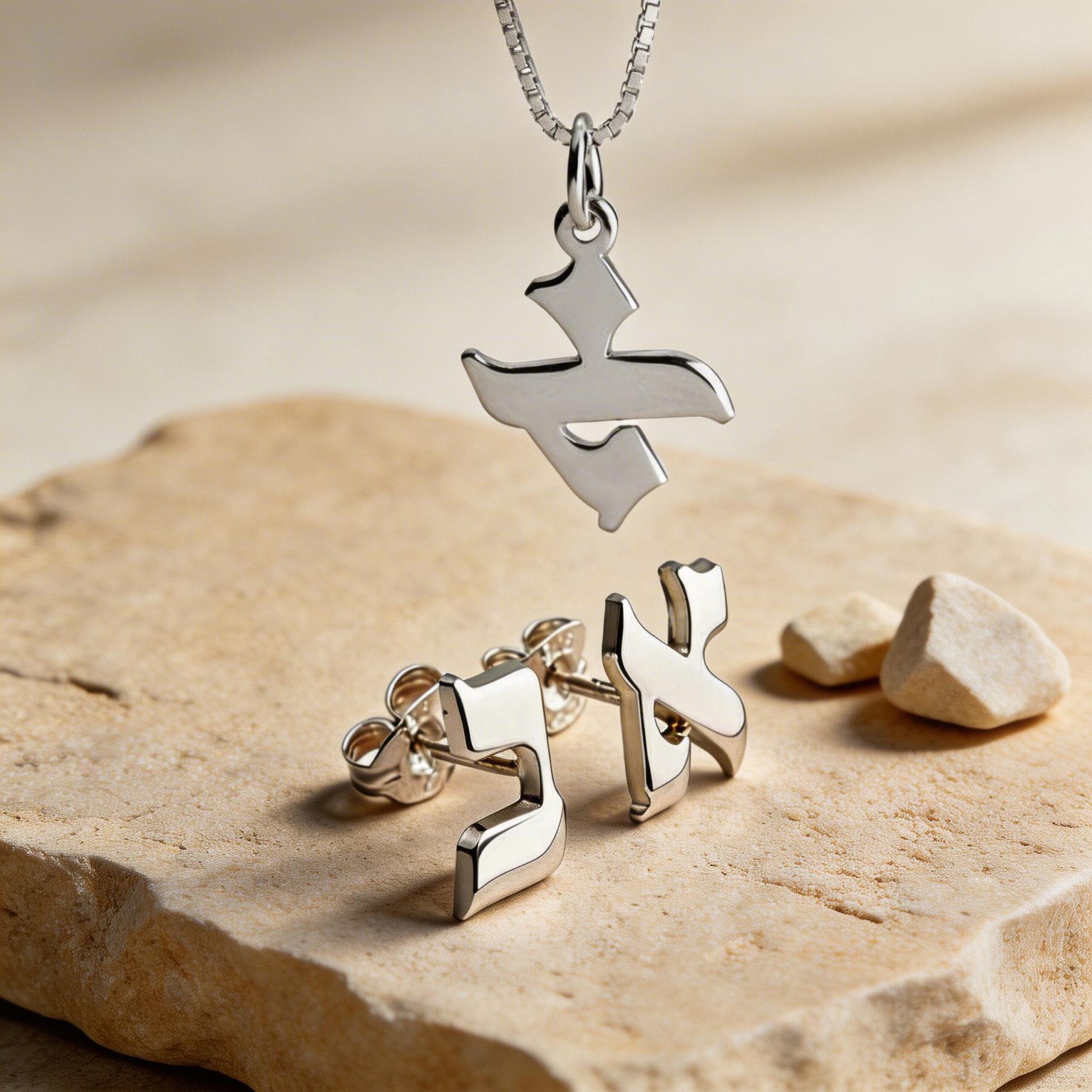 14K Gold Hebrew Letter Jewelry Set — Personalized Necklace + Earrings, Jewish Heritage Gift 14K Gold Hebrew Letter Jewelry Set — Personalized Necklace + Earrings, Jewish Heritage Gift