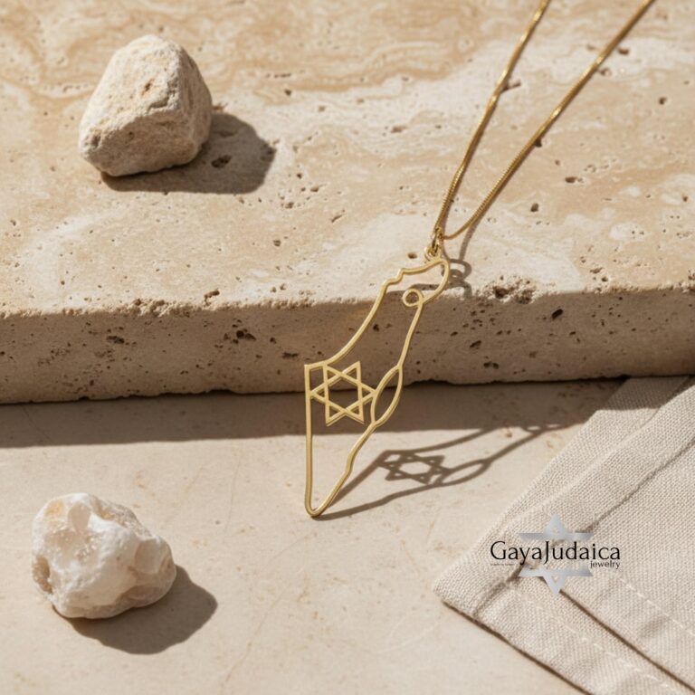 14K Gold Israel Map Necklace with Star of David — main photo, handmade in Israel