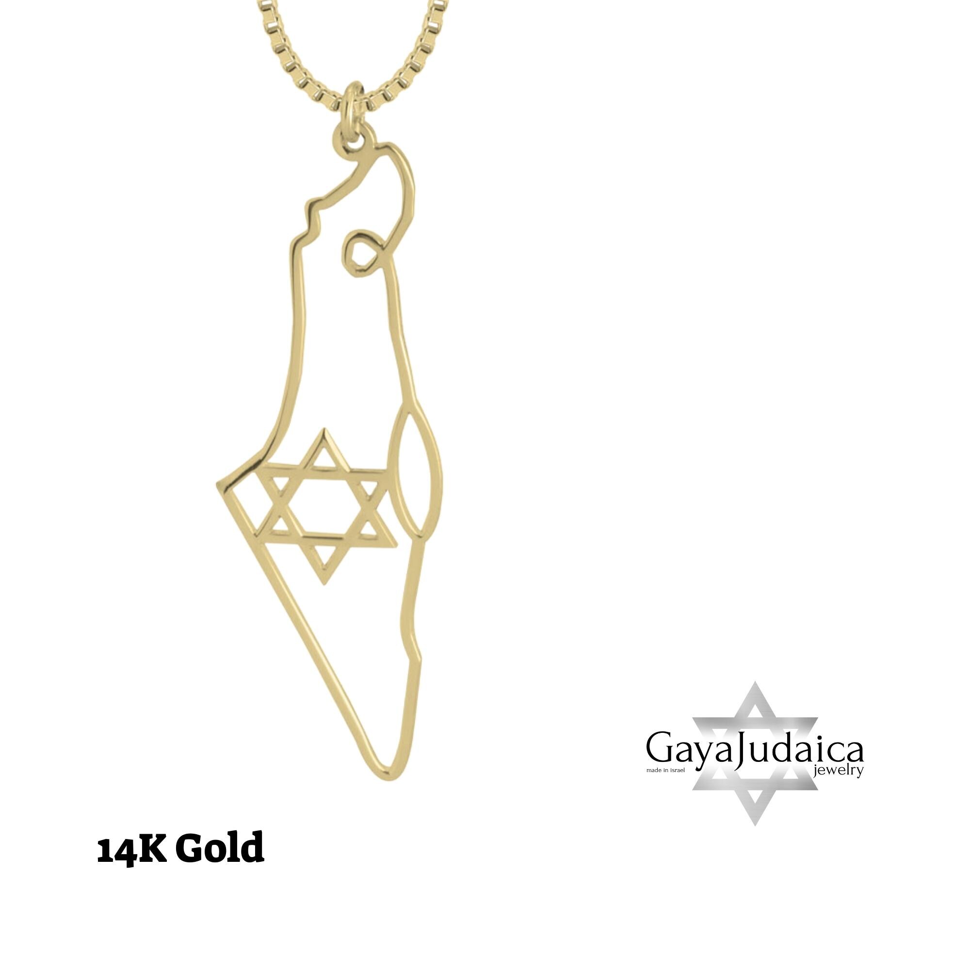 14K Gold Israel Map Necklace — Jewish Star of David Pendant, Solid Gold 14K Gold Israel Map Necklace — Jewish Star of David Pendant, Solid Gold