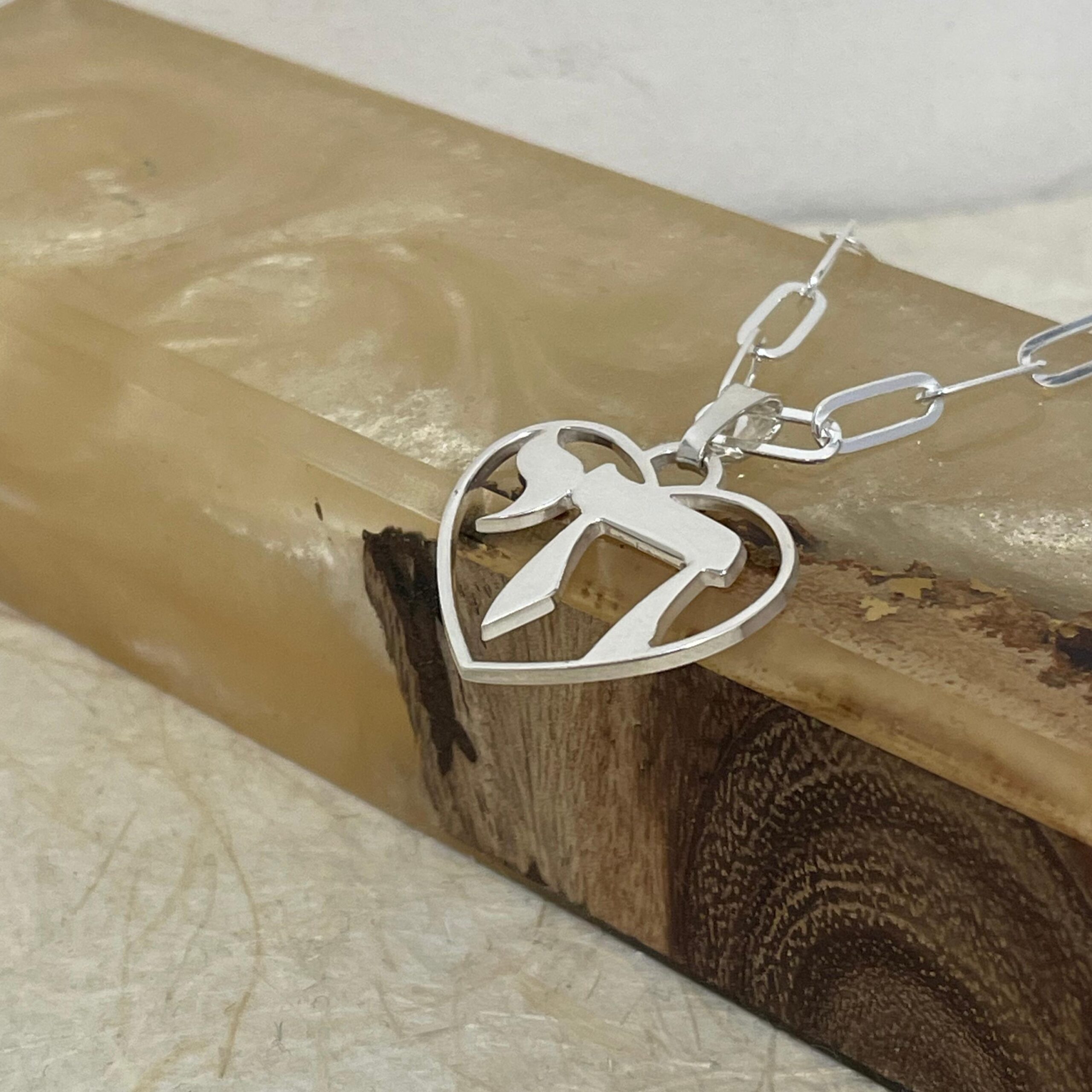 Chai Heart Pendant Necklace — Paperclip Chain, Sterling Silver Judaica Chai Heart Pendant Necklace — Paperclip Chain, Sterling Silver Judaica