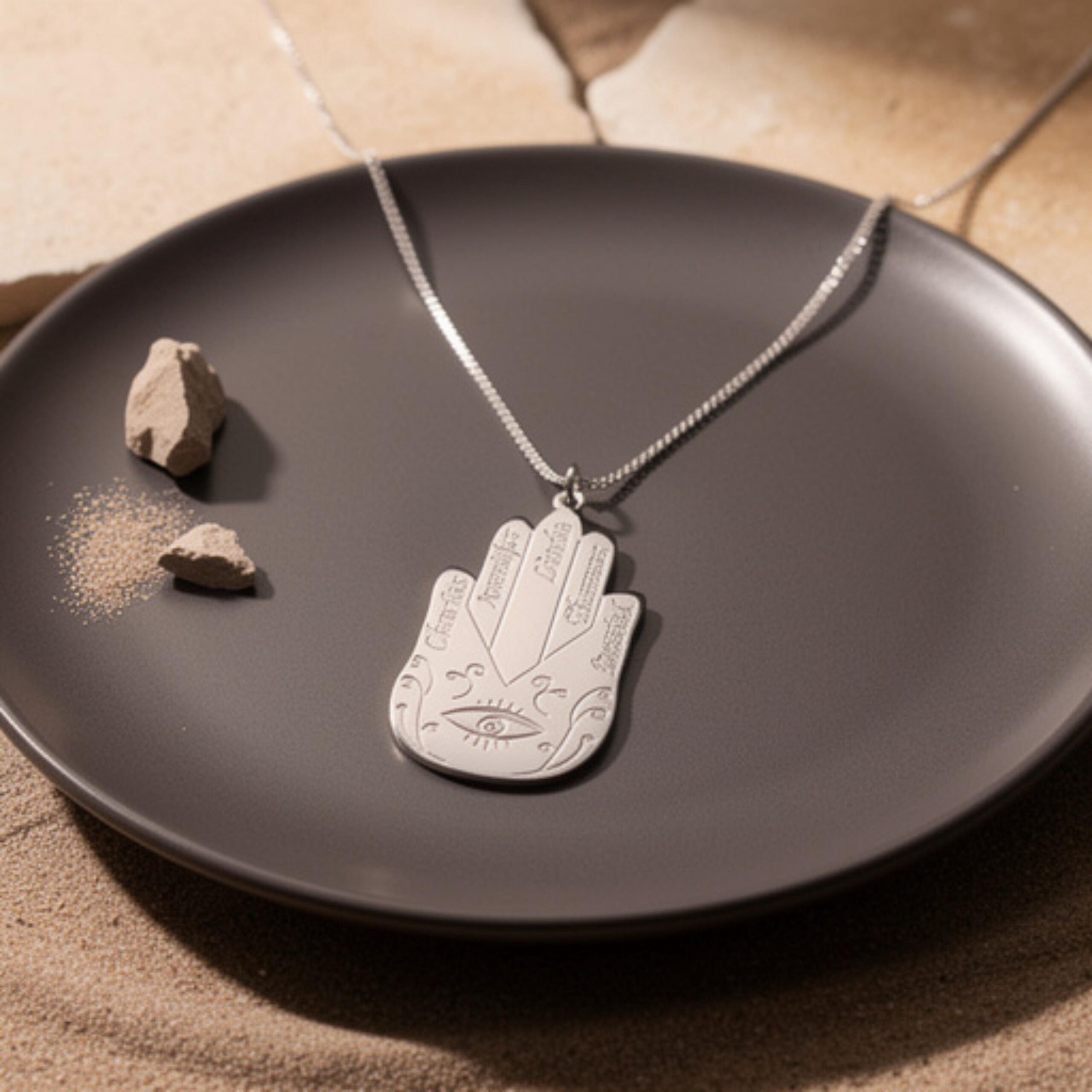 Protective Hamsa Necklace with Names — Handcrafted Custom Sterling Silver Protective Hamsa Necklace with Names — Handcrafted Custom Sterling Silver