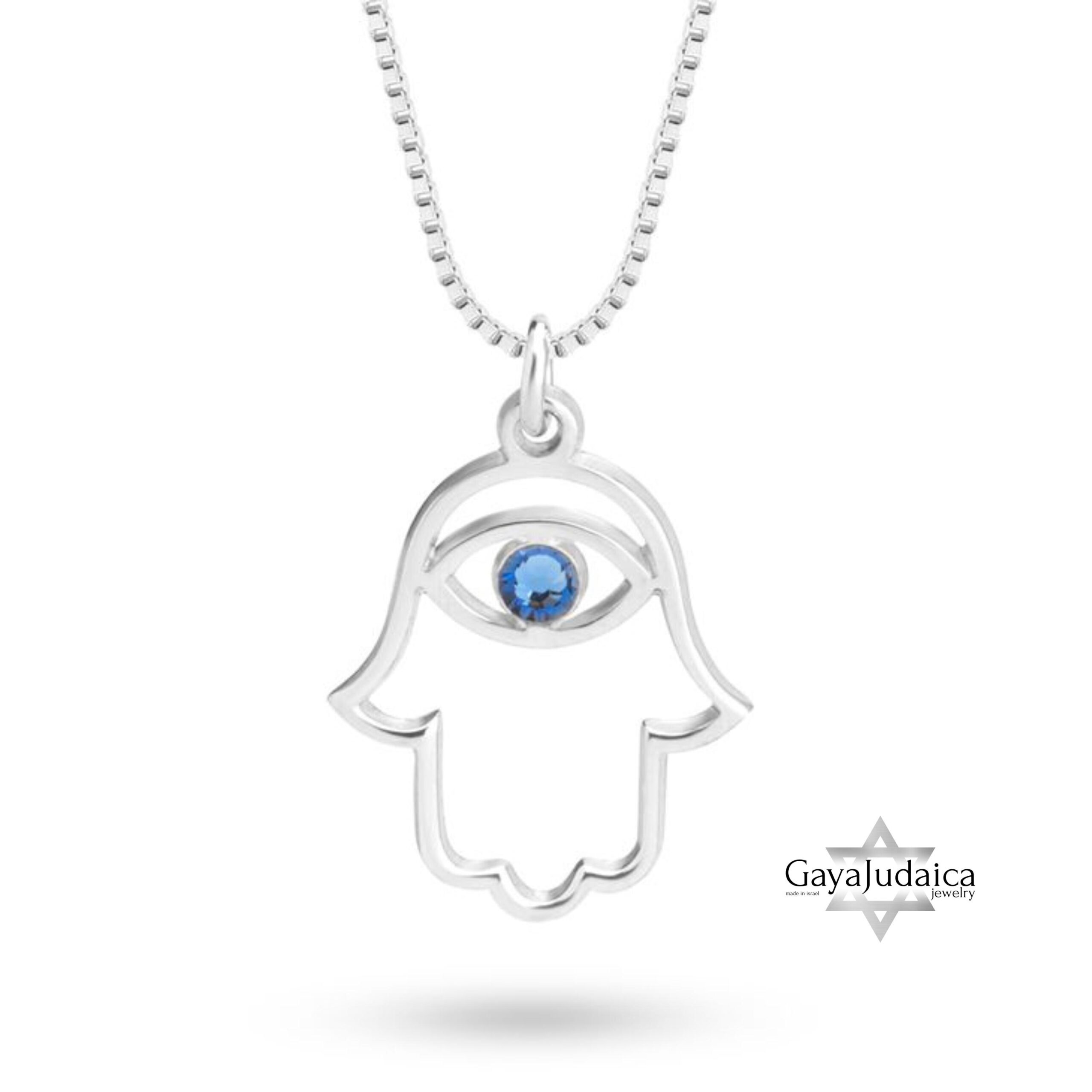 Evil Eye Hamsa Necklace — Sterling Silver Sapphire Zircon Judaica Jewelry Evil Eye Hamsa Necklace — Sterling Silver Sapphire Zircon Judaica Jewelry