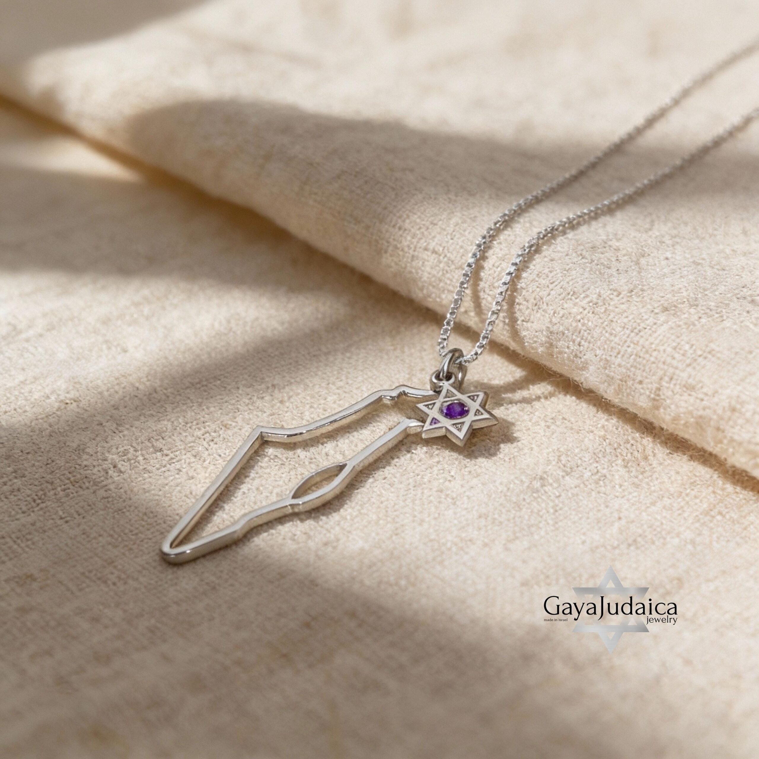 Israel Map Necklace with Star of David & Birthstone Zircon Israel Map Necklace with Star of David & Birthstone Zircon