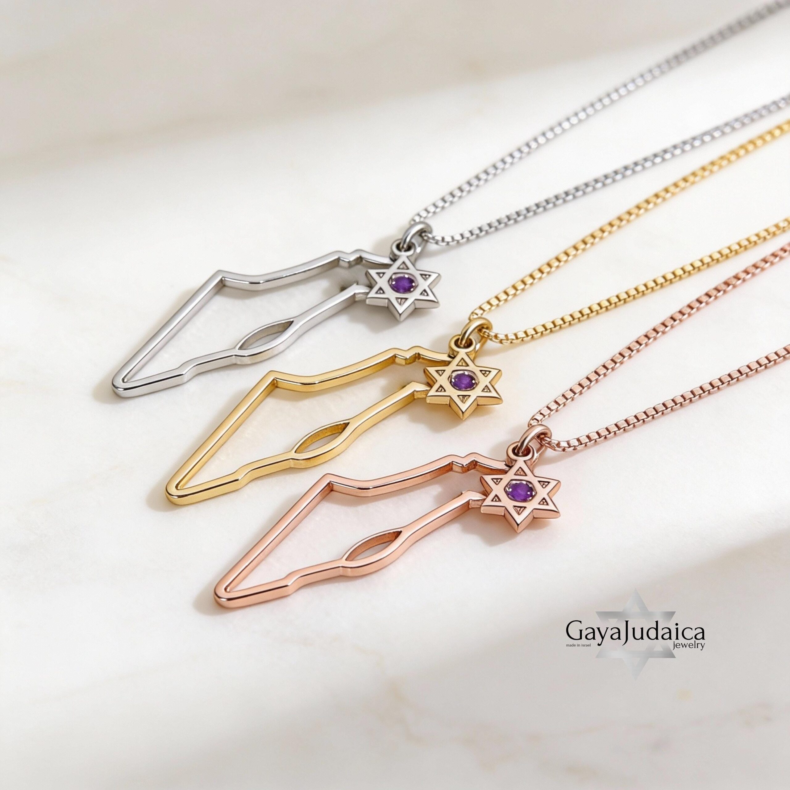 Israel Map Necklace with Star of David & Birthstone Zircon Israel Map Necklace with Star of David & Birthstone Zircon