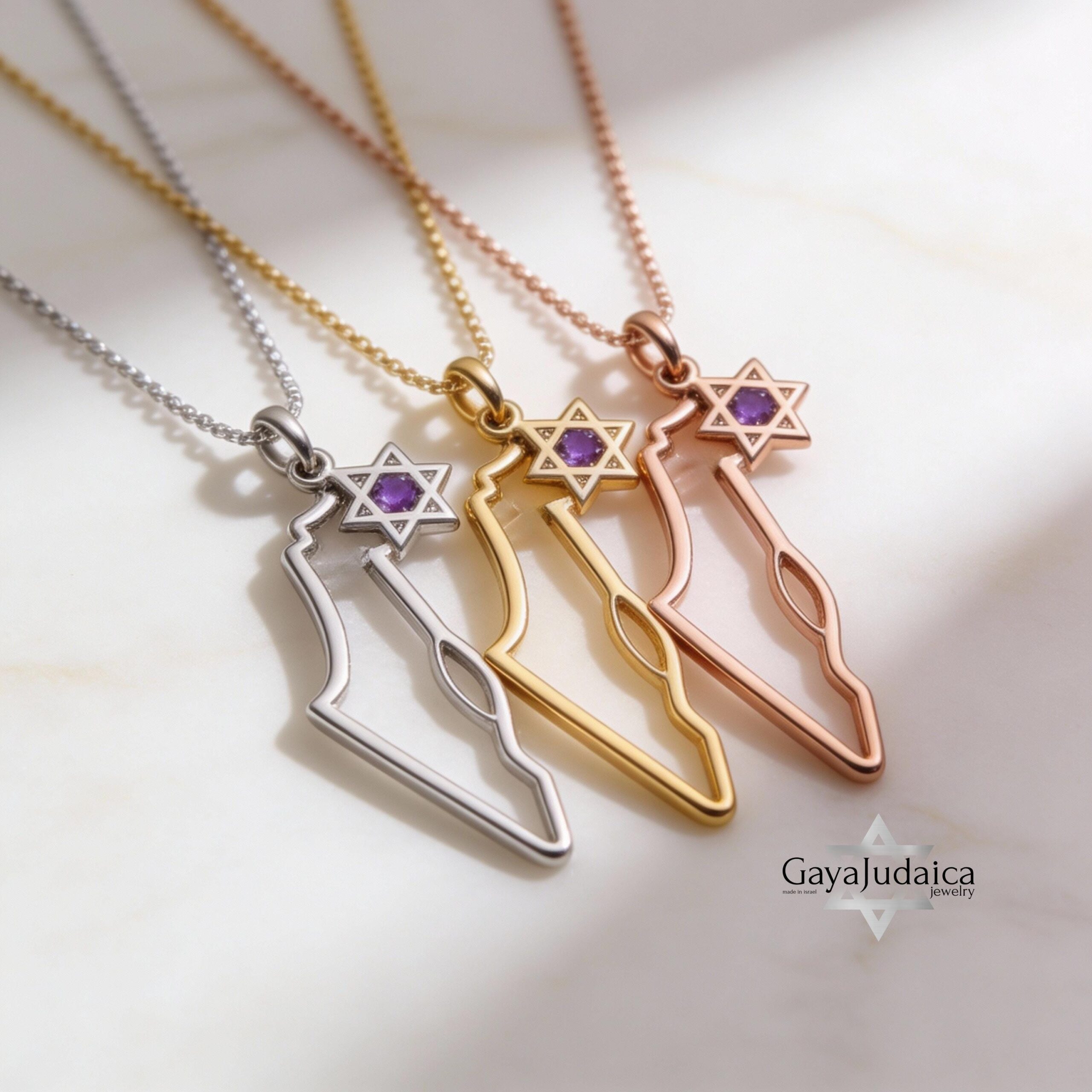 Israel Map Necklace with Star of David & Birthstone Zircon Israel Map Necklace with Star of David & Birthstone Zircon