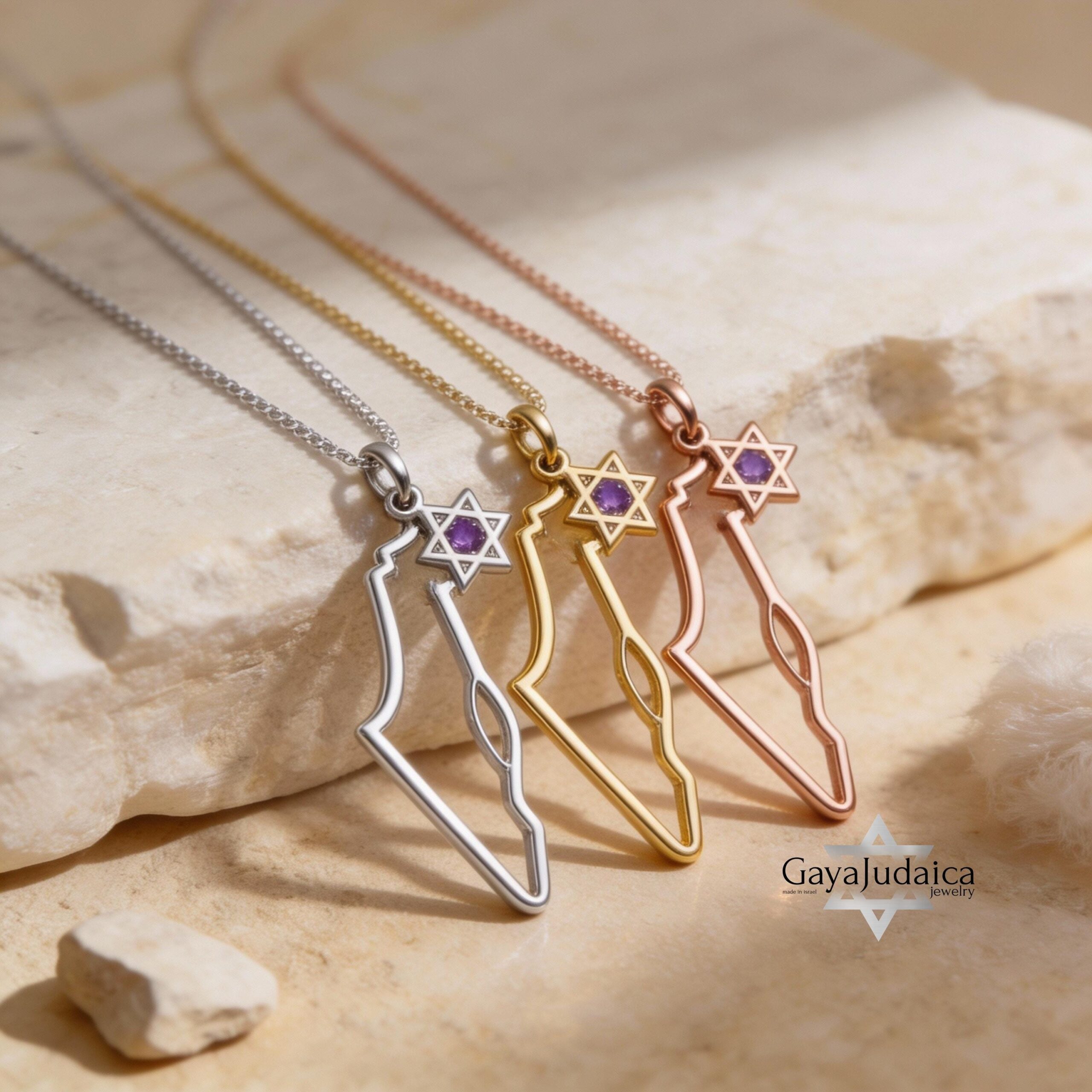 Israel Map Necklace with Star of David & Birthstone Zircon Israel Map Necklace with Star of David & Birthstone Zircon