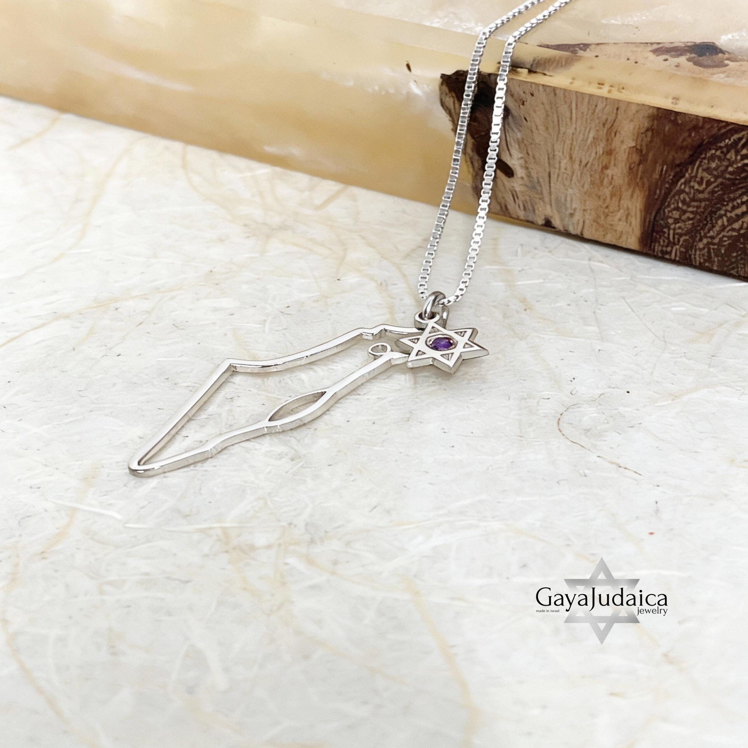 Israel Map Necklace with Star of David & Birthstone Zircon Israel Map Necklace with Star of David & Birthstone Zircon