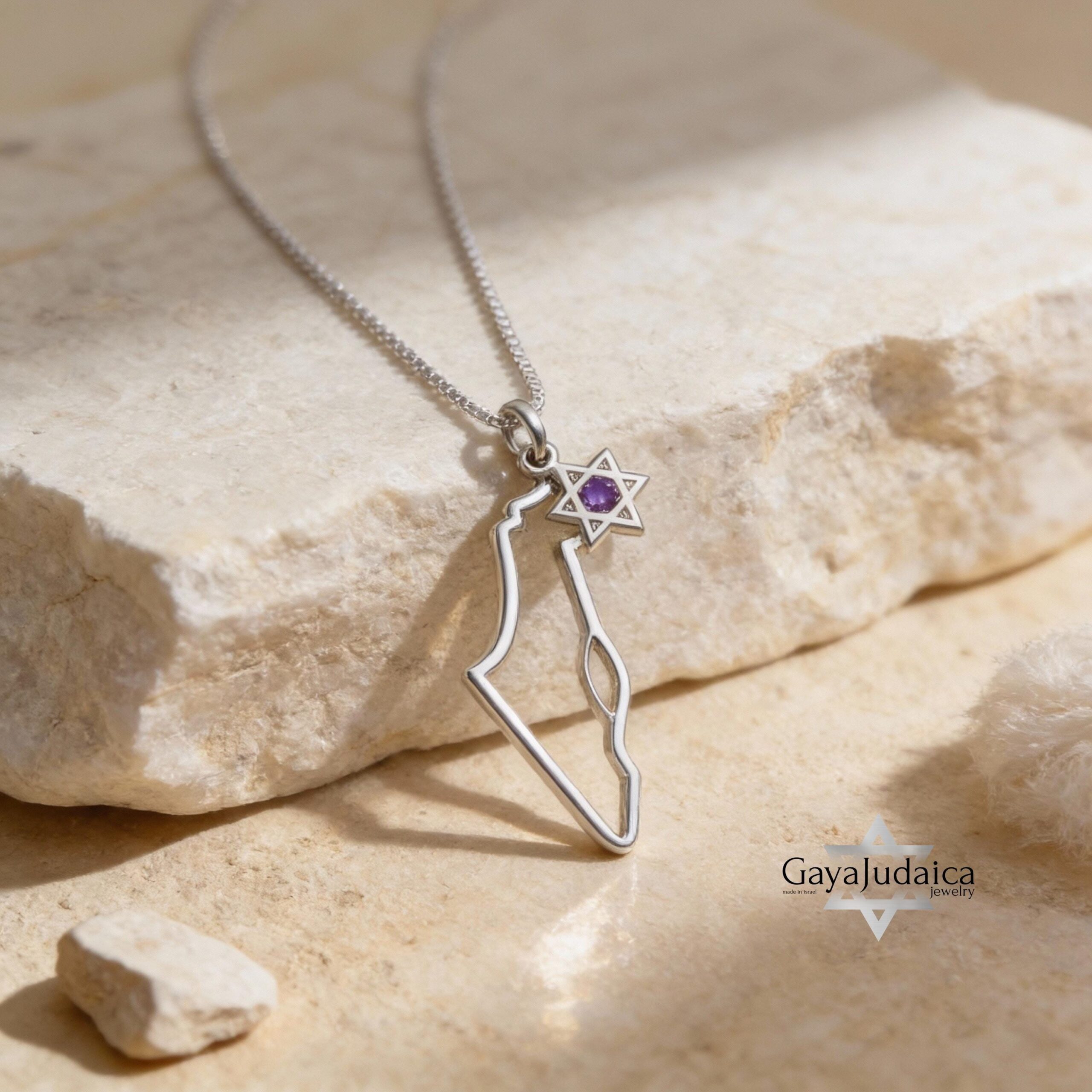 Israel Map Necklace with Star of David & Birthstone Zircon Israel Map Necklace with Star of David & Birthstone Zircon