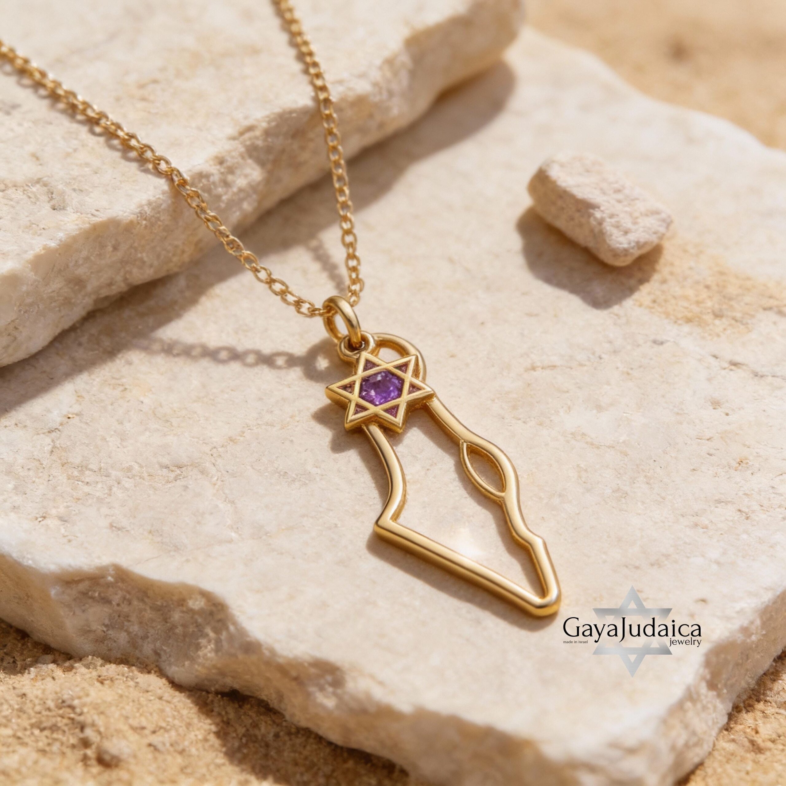 Israel Map Necklace with Star of David & Birthstone Zircon Israel Map Necklace with Star of David & Birthstone Zircon