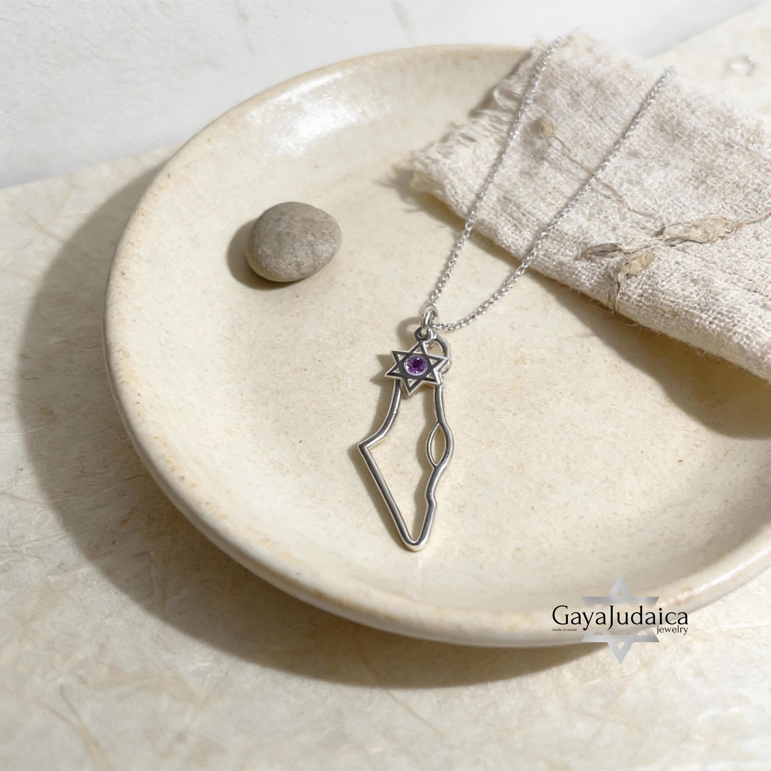 Israel Map Necklace with Star of David & Birthstone Zircon Israel Map Necklace with Star of David & Birthstone Zircon
