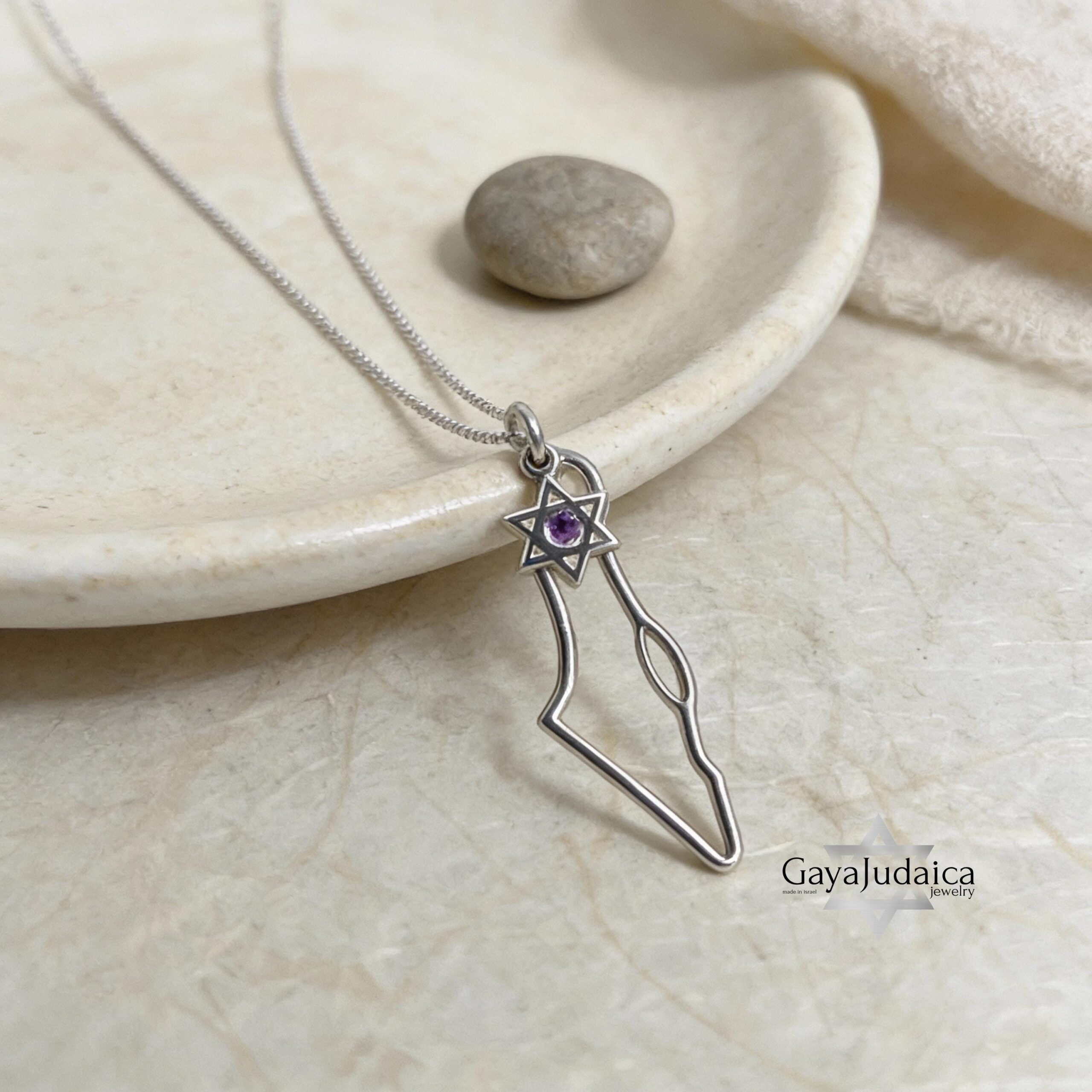 Israel Map Necklace with Star of David & Birthstone Zircon Israel Map Necklace with Star of David & Birthstone Zircon