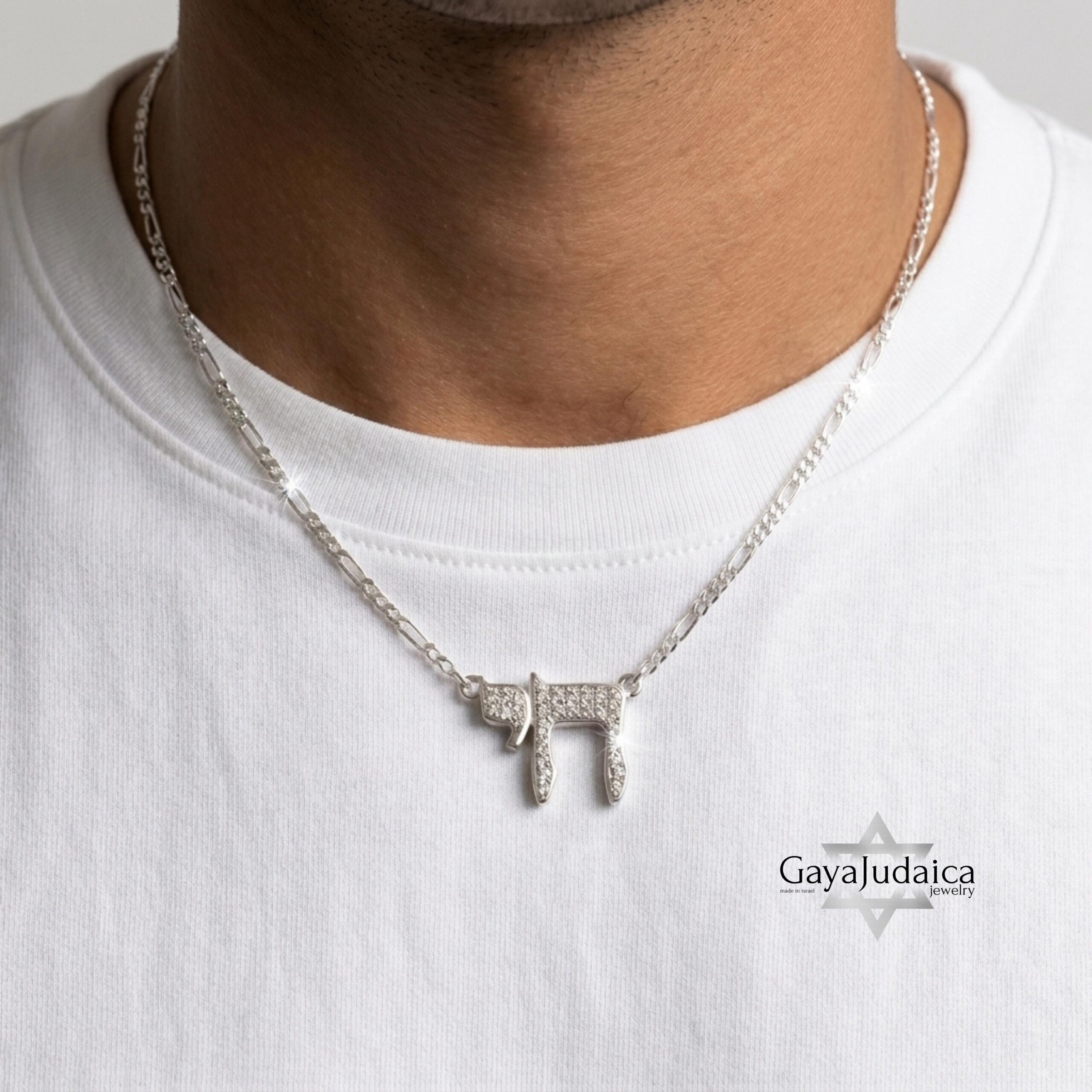 Sterling Silver Chai Necklace with Cubic Zirconia — Jewish Gift from Israel Sterling Silver Chai Necklace with Cubic Zirconia — Jewish Gift from Israel