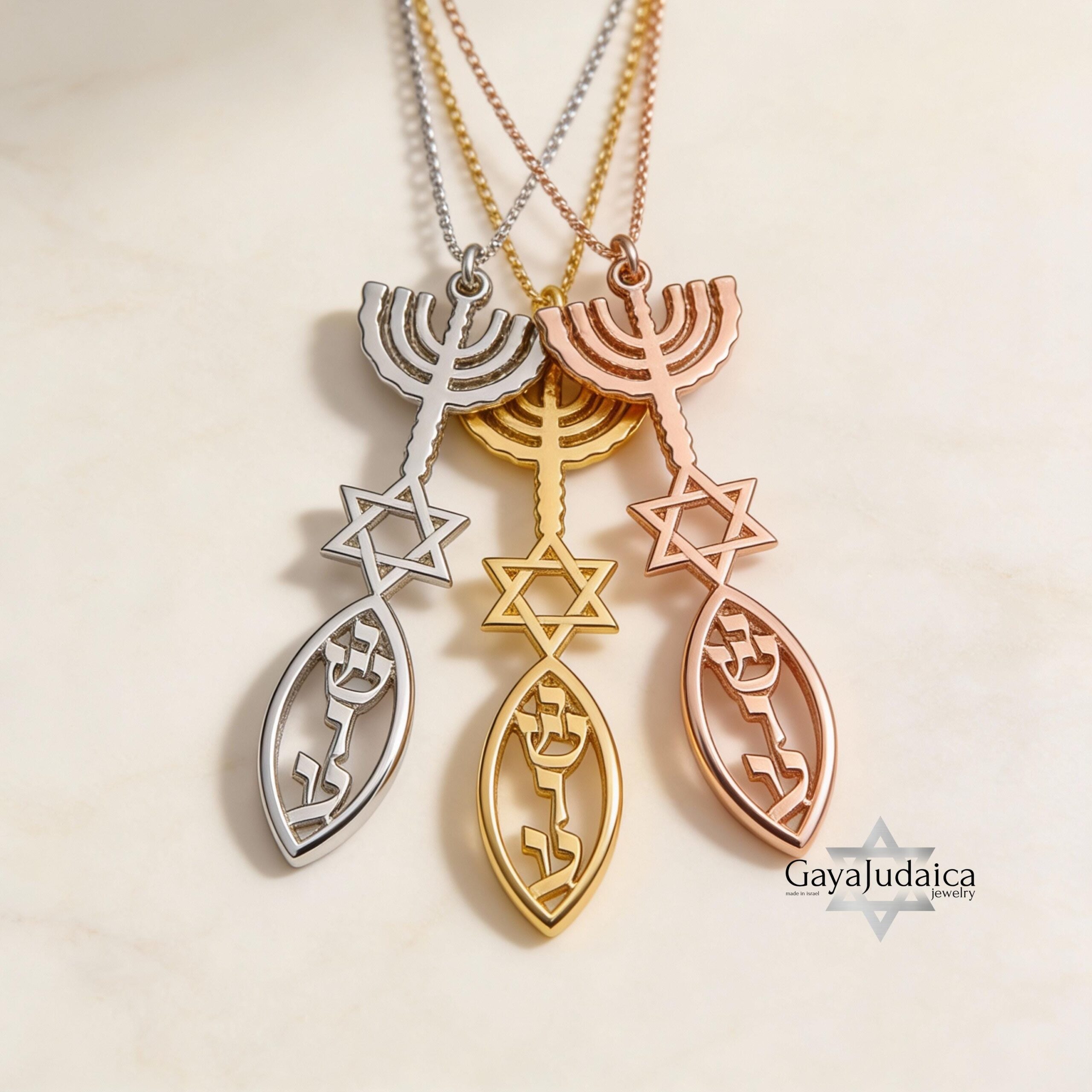 Personalized Hanukkah Menorah Fish Pendant with Star of David Personalized Hanukkah Menorah Fish Pendant with Star of David